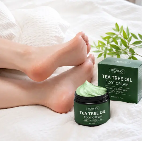 ROZINO Tea Tree Oil Foot Cream, Deep Moisturizing Heel Balm with Vitamin E Aloe Vera & Peppermint, Foot Care Cream for Dry Feet, Rough Skin, Callus Care, Soft Smooth-Feeling Feet Treatment, 50g Daily Lightweight