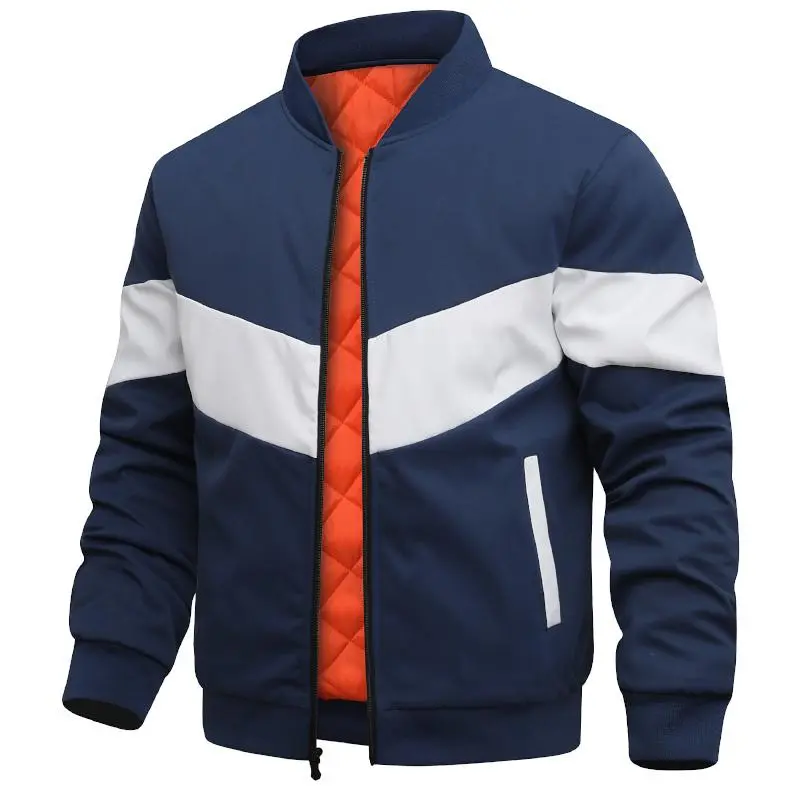 Men's Casual Color Block Bomber Jacket, Quilted Lined Lightweight Winter Coat, Zip Up Padded Flight Jacket with Side Pockets