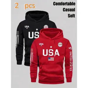 Men's USA Themed Hoodie: American Flag Print, Multi-Position Letter Design, Casual Hooded Sweatshirt