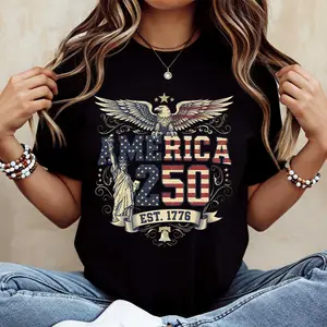 America 250 Eagle And Statue Of Liberty Print T Shirt Crew Neck Casual Patriotic Celebration Wear