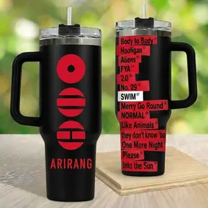 Korean Music Inspired Tumbler 20oz 40oz, Arirang Style Travel Mug With Handle, Kpop Fan Gift, Aesthetic Black Red Coffee Cup