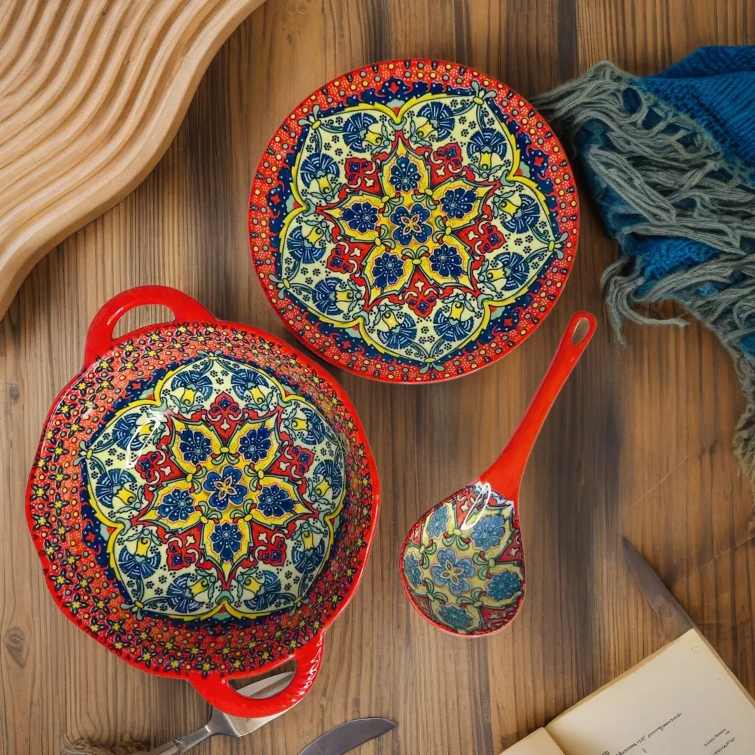 Bohemian Style Dinnerware Set, Includes 8 Inch Salad Plate & 9 Inch Soup Bowl, Microwave Safe, Dishwasher Friendly, Perfect for Parties, Dish Sets, Ceramic Dinnerware Set, Bohemian Style Tableware