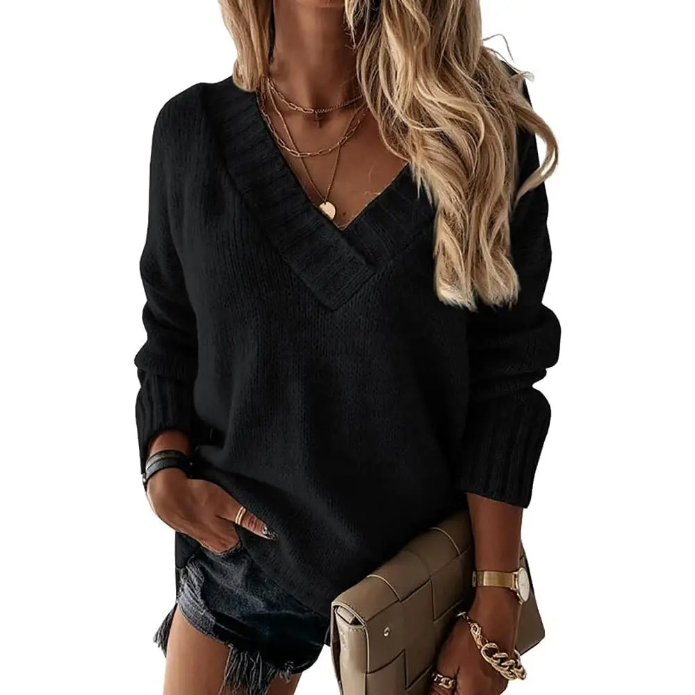 Women's Oversized V-Neck Tunic Sweater, Casual Long Sleeve Soft Ribbed Knitwear Pullover Tops for Fall, Basic, Lady, Loose-Fitting, Elevated Women's Pullovers, Plain, Longsleeves, Deep V, Clothes, Solid Colors, Loose Silhouette, Tunic Cut, Large, One Size