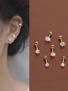 6pcs/Set Elegant Minimalist Ladies Earrings Jewelry, Titanium Steel Inlaid Artificial Zirconia Ear Studs, Shiny & Convenient For Earrings Piercing, Earring Stacking Set, Hypoallergenic Jewelry