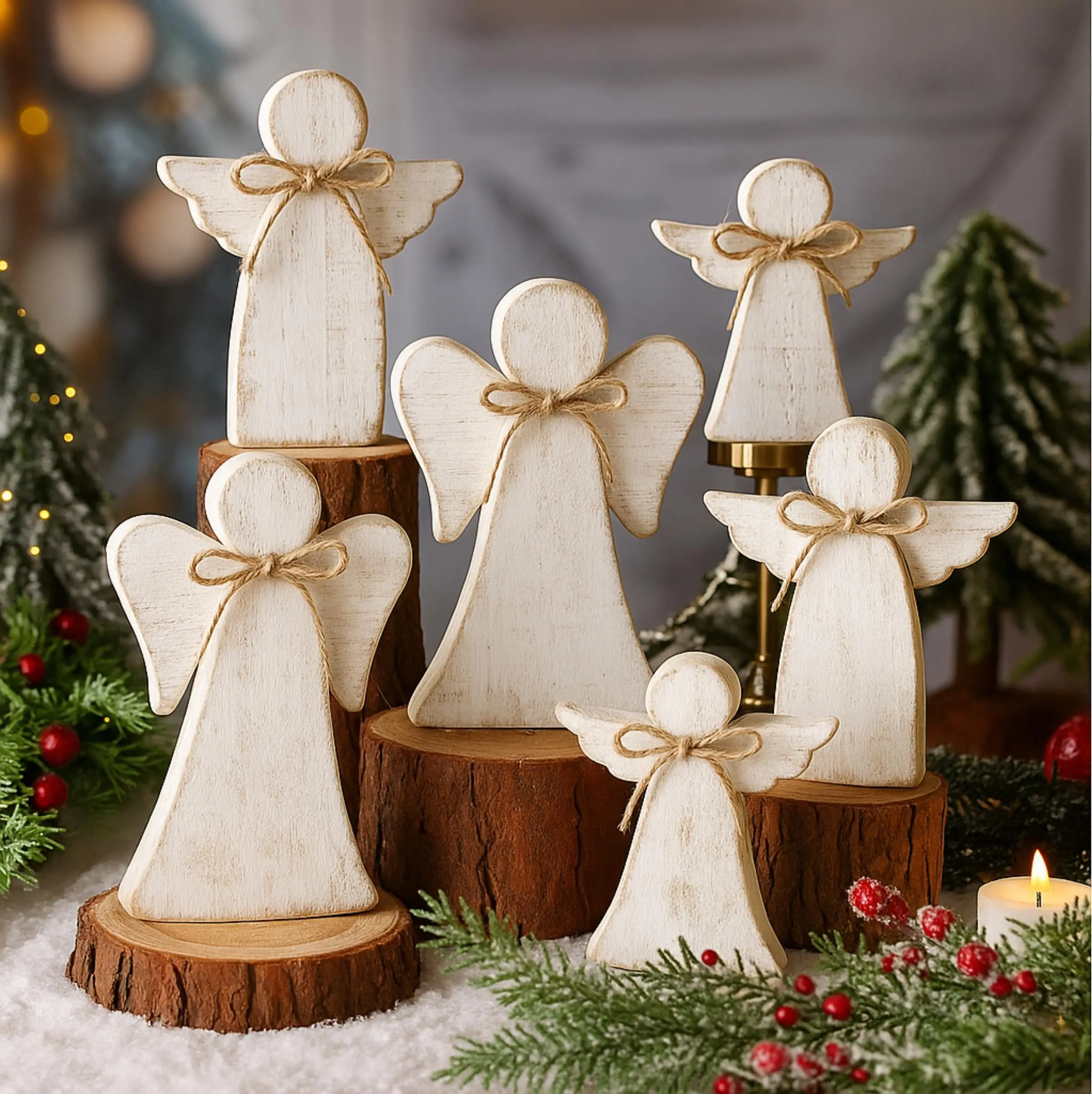 Set of 6 Christmas tree and dining table decorations: wooden Christmas table centerpiece, rustic farmhouse tabletop sign, tiered tray decoration, home décor Christmas gift decoration (angel).