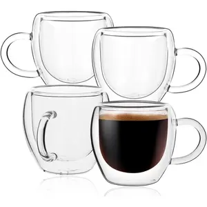 2.5oz Double Walled Espresso Coffee Cups Set of 4 with Handle,Clear Expresso Shot Cup Glasses,Tazas de Cafe Expreso,Drinkware Essentials,Borosilicate