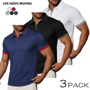 LIFE KEEPS MOVING Men’s Casual Polo Shirt — Summer short-sleeve design with contrast sleeve cuffs and a classic turn-down collar; athletic polo made from stretchy fabric, suitable for the gym, running, sports, golf, vacations, and everyday wear.