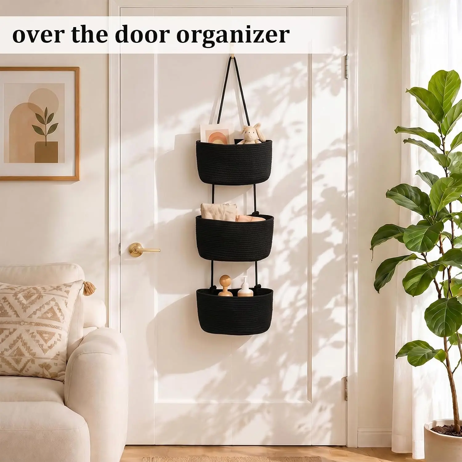 14in | 3-Tier Woven Cotton Over The Door Hanging Basket Organizer with Handles, Multifunctional Storage for Bathroom, Beauty Essentials, Home Decor, Bedroom & Organization