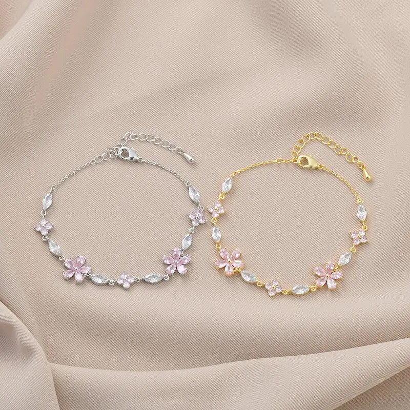 Dainty Floral Zircon Bracelets for Women, Minimalist Crystal Petal Jewelry, Adjustable Gold or Silver Tone, Friendship Gift Accessories for Women, Adjustable Bangle, Flower Design Bracelet