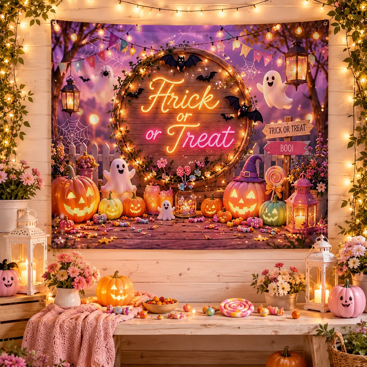 Polyester Halloween Porch Backdrop - Hangable Party Theme Decor Prop Banner with Ghosts/Pumpkins for Photo Booth