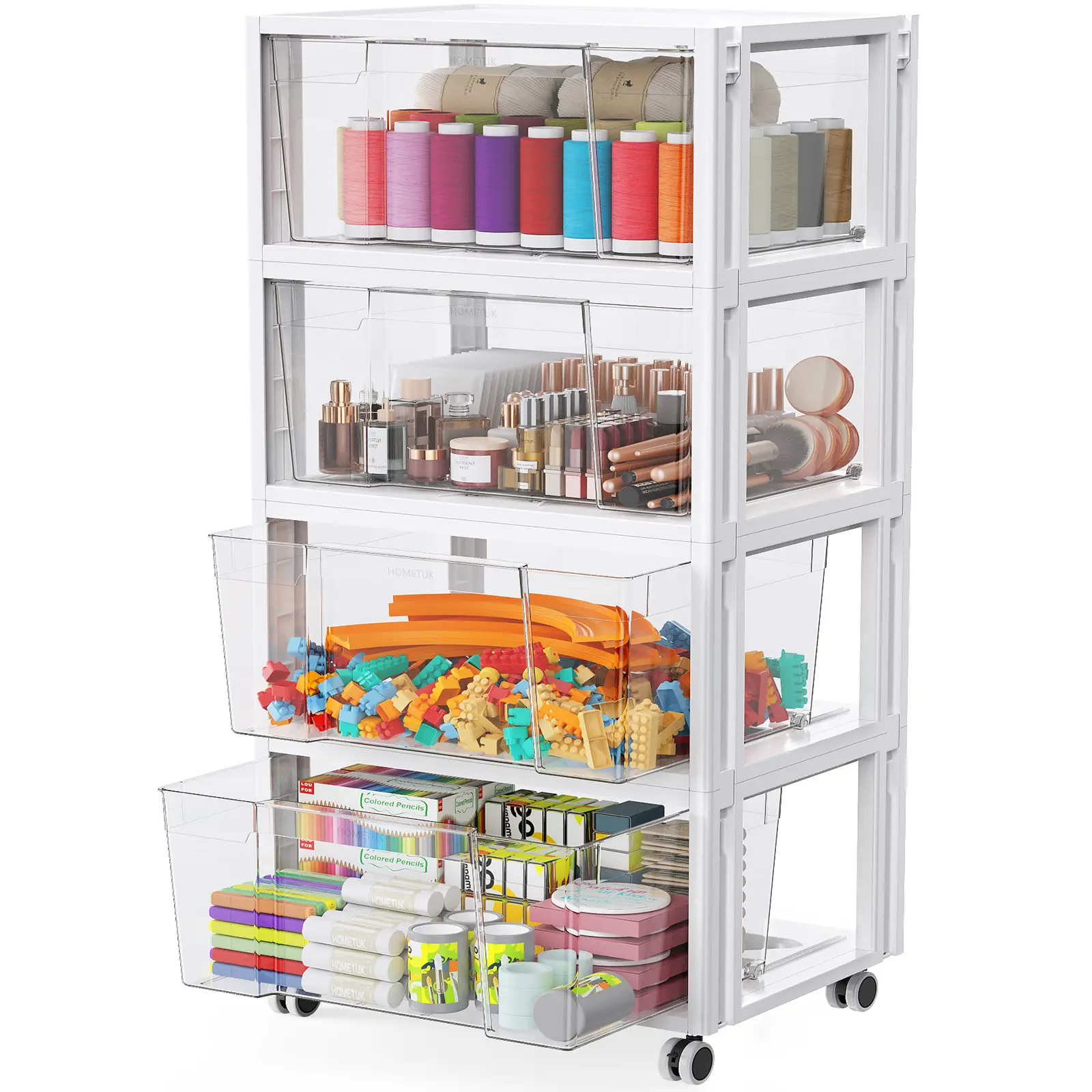 HomeTuk C80 2Tier/4Tier Stackable Storage Drawer Carts with Wheels, Extra Large Storage Bins Drawers, Clear Plastic Storage Cabinet Organizer Container for Home Office Bedroom Bathroom Art Crafts Under Desk
