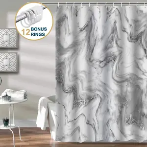 Shower Curtain with Hooks – Heavy-Duty Mold/Mildew-Resistant, Weighted-Hem Fabric Bathroom Curtain, Water-Repellent, Machine-Washable, Fade-Resistant, Marble, Gray, 72 x 72