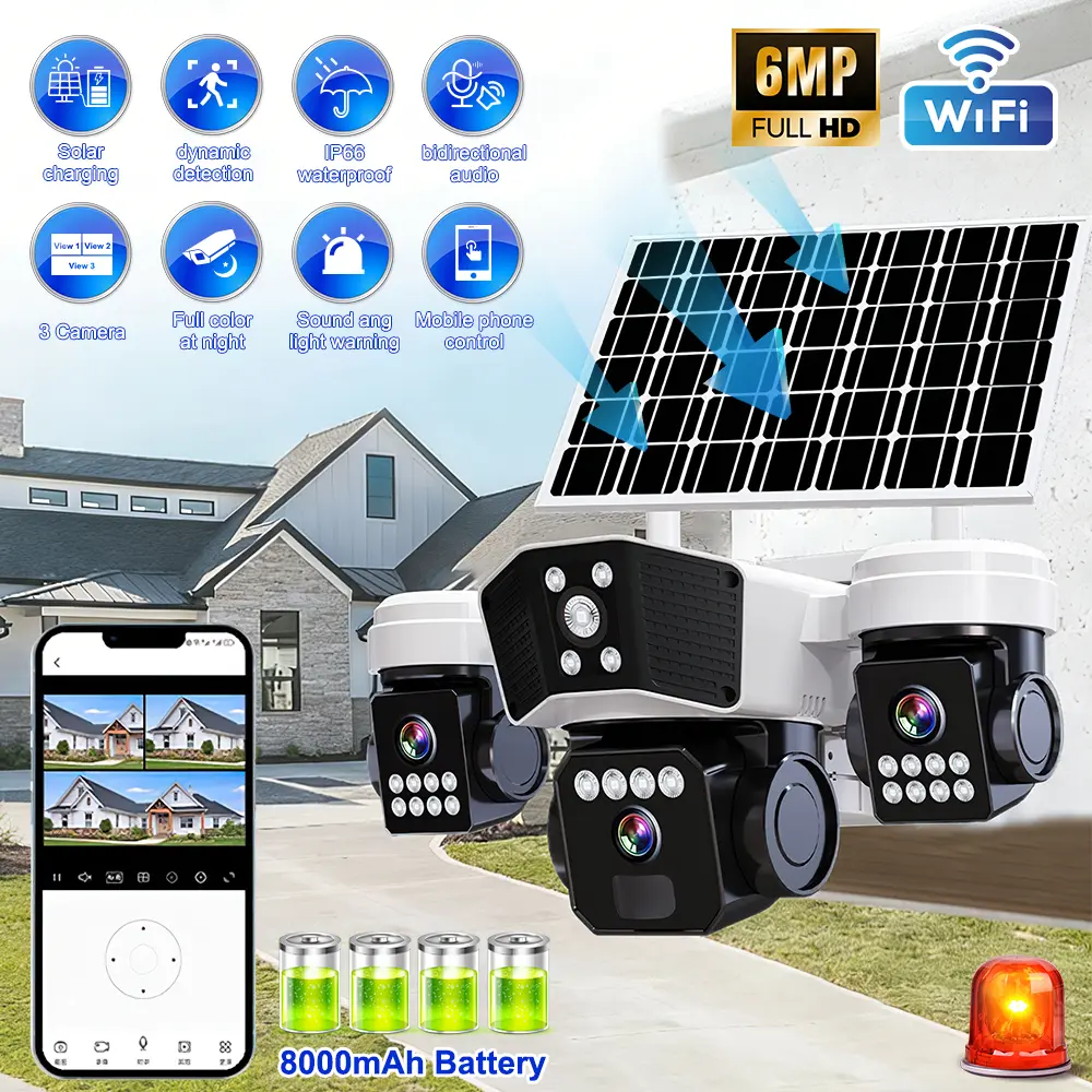 WiFi Solar Powered Triple Lens PTZ Security Camera, Pan-Tilt Rotation, Full Night Vision, Motion Alert, 2-Way Talk, Cable-Free Option, 3 Mount Installation Choices for Farm & Home