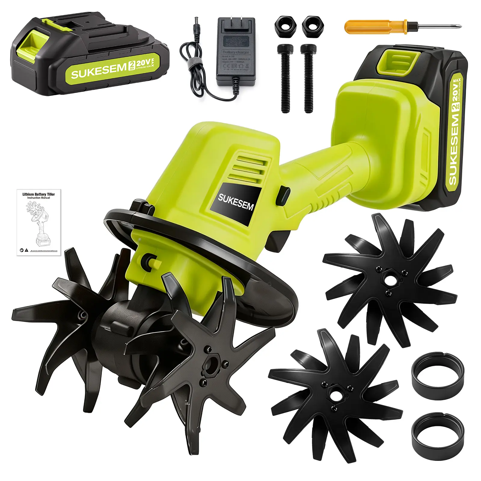 SUKESEM Handheld Tiller - 20V Cordless Power Electric Tiller with Multiple Blades, 4-Inch Tillage Depth, Mini Garden Cultivator for Loose Soil, Weeding & Vegetable Gardening