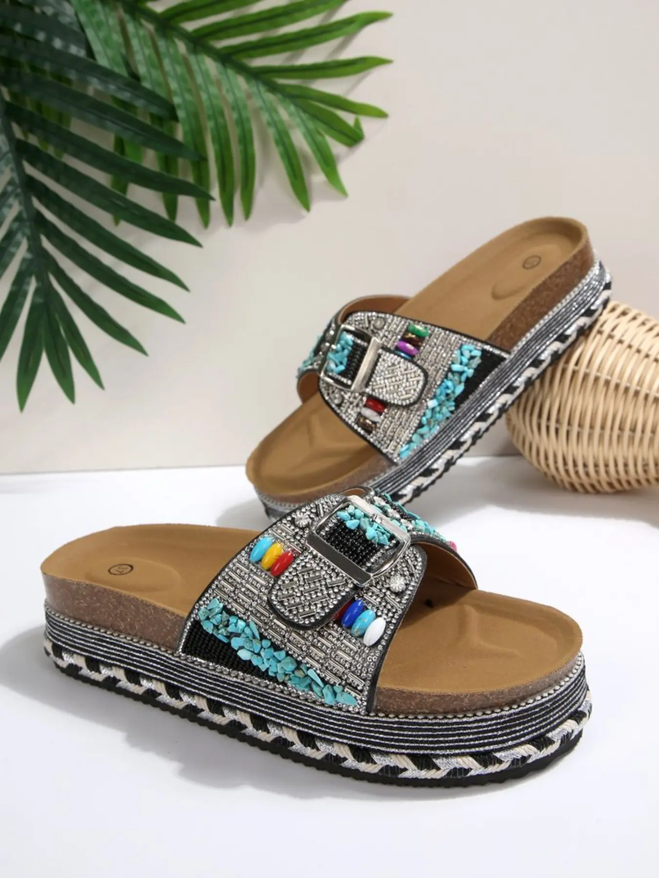 2026 Summer New Bohemian Ethnic Style Double Buckle Rhinestone Bead Thick Sole Slippers, Women's Outdoor Soft Wood Sandals