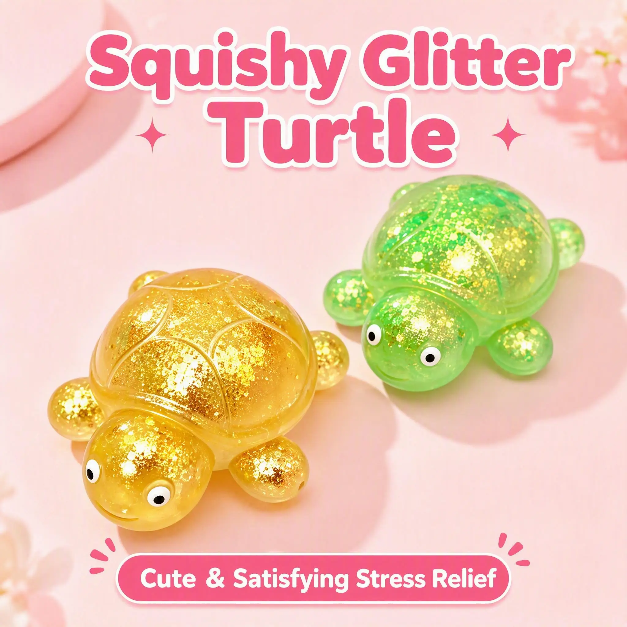 Glitter Squishy Turtle Fidget Toy - Cute Sparkly Transparent Squeeze Toy for Stress Relief, Sensory Play for Kids