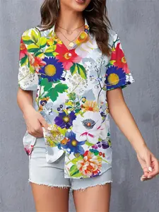 2026 Women's Cute Hawaiian Style Colorblock Floral Print Shirt, Stand Collar Single Button Slim Fit Short Sleeve Top