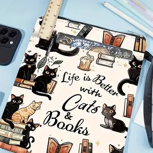 Cat Theme Fabric Book Cover, Washable Fashion Book Jacket with Zipper, Book Accessories, PVC Waterproof Extra Pocket, Suitable for Teens Adults Students Teachers