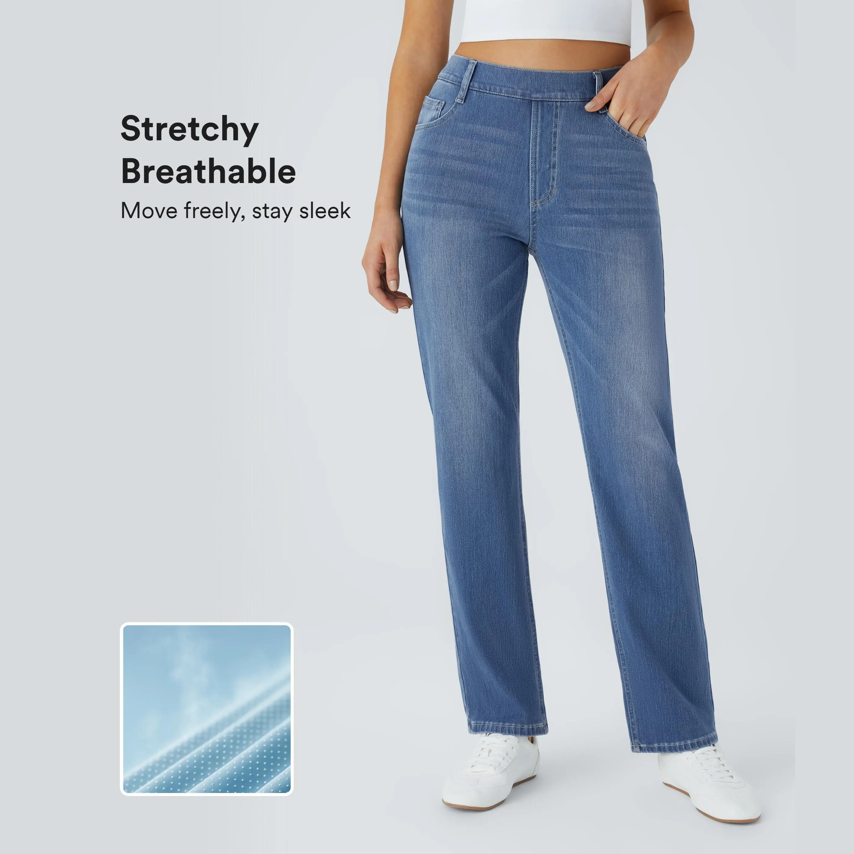 Halara Flex High Waisted Pockets Straight Leg Washed Casual Jeans #summervibes