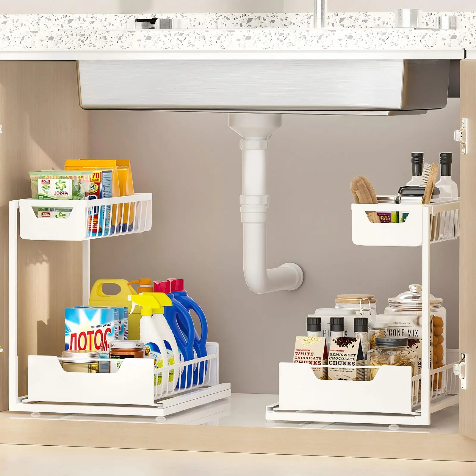 Under Sink Organizer AdjustableHeight 2 Tier Bathroom Organizer Pull Out CabinetOrganer kitchen organizers and storage fridgeorganizers and storage,White