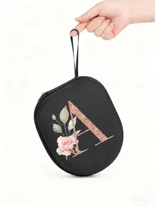 Black EVA material portable hard-shell headphone storage case with zipper, decorated with rose gold floral letter A-Y patterns, can prevent collisions and store headphones and accessories, making it an ideal choice for travel.