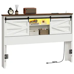 HOOBRO Queen Size Headboard Only for Bedroom, Farmhouse Queen Headboard with Charging Station & LED Lights, Wooden Headboard for Queen Size Bed, Bookcase Headboard with Storage Shelf and Barn Doors#SpringSale #BigSpringSale