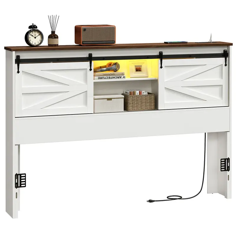 HOOBRO Queen Size Headboard Only for Bedroom, Farmhouse Queen Headboard with Charging Station & LED Lights, Wooden Headboard for Queen Size Bed, Bookcase Headboard with Storage Shelf and Barn Doors