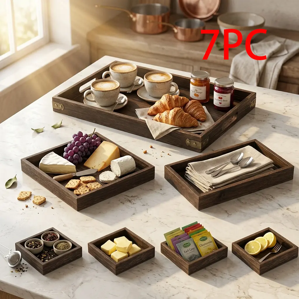 7-Grid Solid Wood Serving Tray with Handles - Rustic Look, Durable Decorative Platter for Camping, Kitchen Use (Snacks, Fruit)
