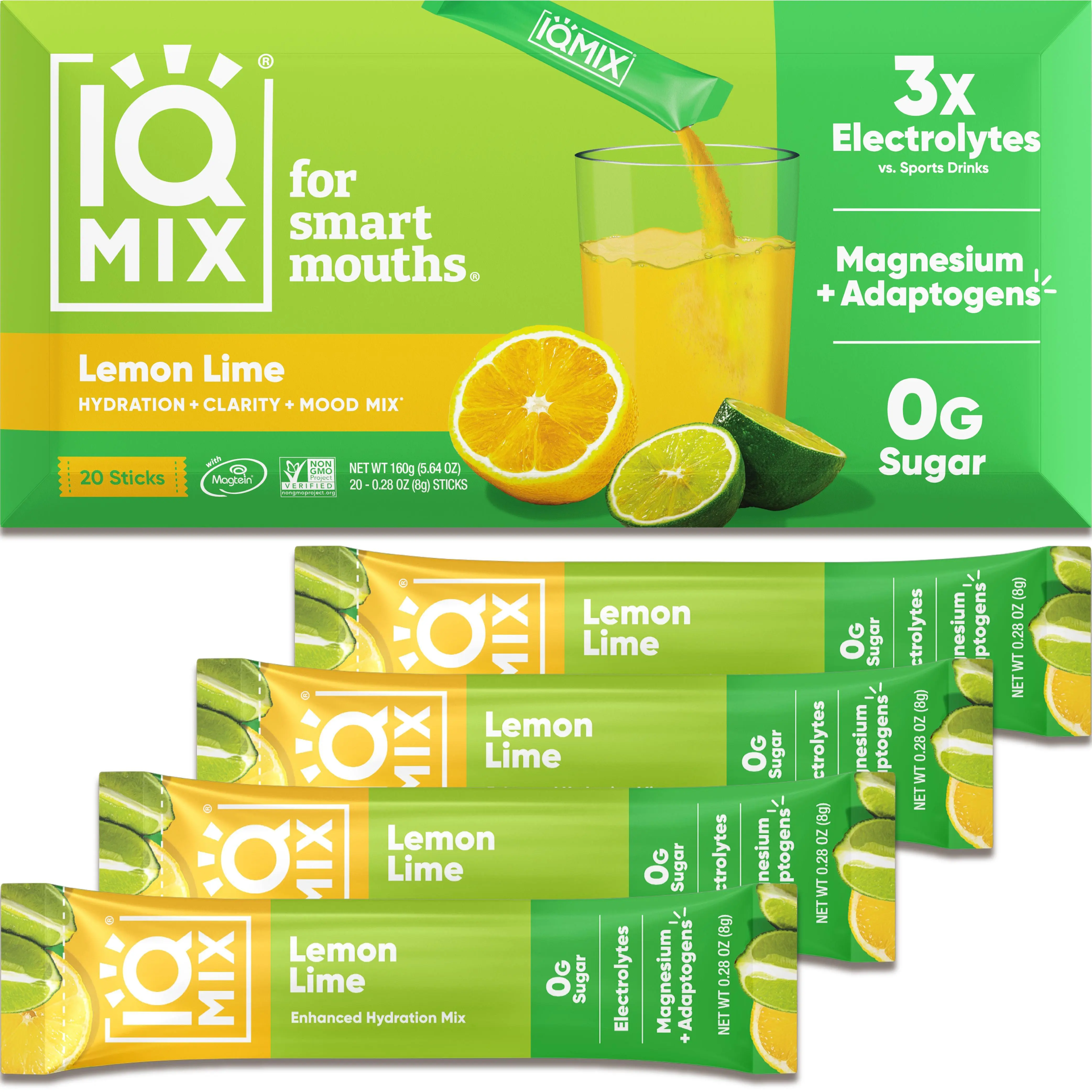 IQMIX Lemon Lime Hydration Drink Mix (20 Sticks) - Refreshing Citrus Flavor, Perfect Balance of Tart and Sweet, Ideal for Hot Days, Pre-Workout Boost, Post-Workout Recovery, Electrolyte Support