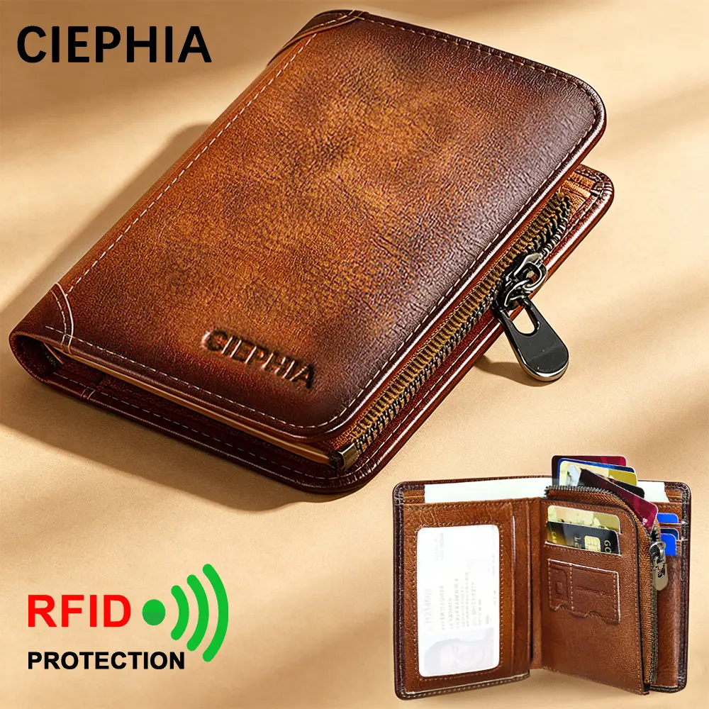 CIEPHIA Men's Genuine Leather RFID Blocking Bifold Wallet, Vintage Multi-Function Card Holder with 2 ID Windows and Zipper Coin Pouch