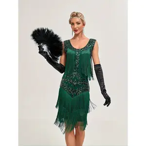 [1pc Vintage Fringe Dress] 1pc Vintage Flapper Fringe Dress, Sequin Embellished Short Sleeve Beaded Fringe Gatsby Party Dress, Polyester Round Neck Vintage Style for Weddings and Banquets - Available in Multiple Colors