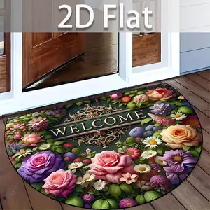 2D Flat Floral Welcome Carpet, Non-Slip Half Round Door Mat, Suitable for Entrance Hall, Balcony, Garage, Corridor, Mother's Day Decor, Floral Pattern Rug