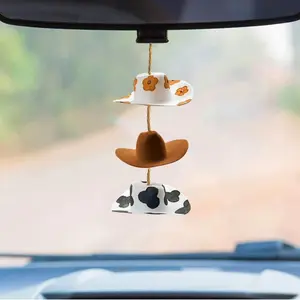Cowboy Hat Design Car Hanging Ornament, Car Hanger Ornament, Car Hanging Decoration, Country Rear View Mirror Hanging Accessories, Cute Handmade Felt Mini Hat Ornament Pendant for Women Girls