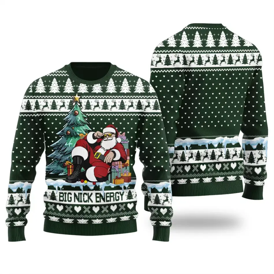 Funny “Big Nick Energy” Ugly Christmas Sweater – Cool Santa Sitting Under Tree | Holiday Party Knit Pullover for Men & Women