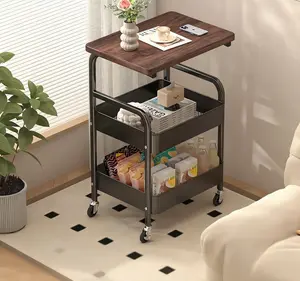 3-Tier Metal Utility Rolling Cart with Wooden Table Top, Storage Cart White Trolley Kitchen Organizer Rolling Desk with Locking Wheels for Office, Classroom, Dorm, Bedroom
