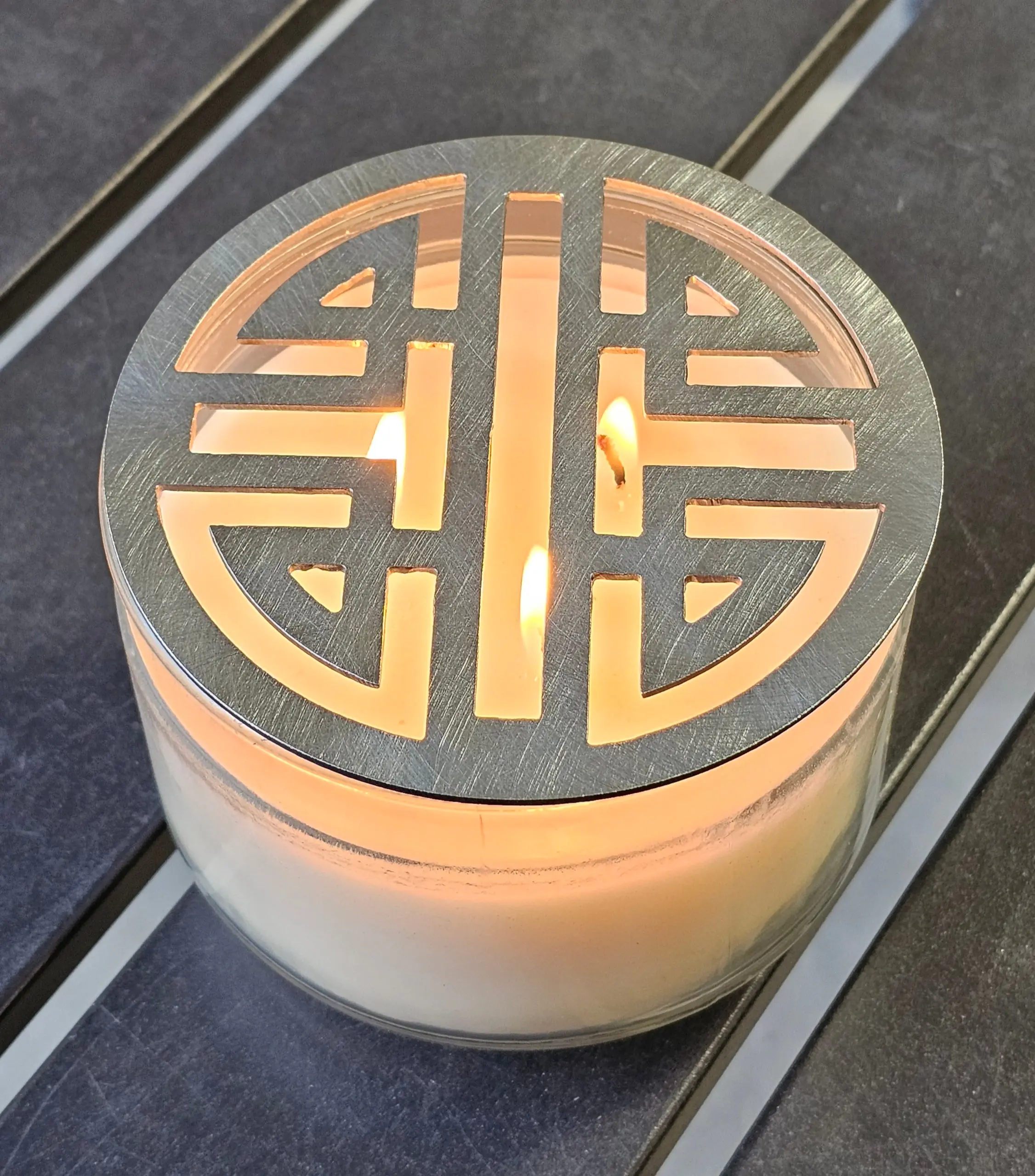 Double Happiness Glow Candle Topper – Chinese Symbol Metal Candle Lid, Feng Shui & Wedding Gift, Black Ceramic or Raw Metal Finish
