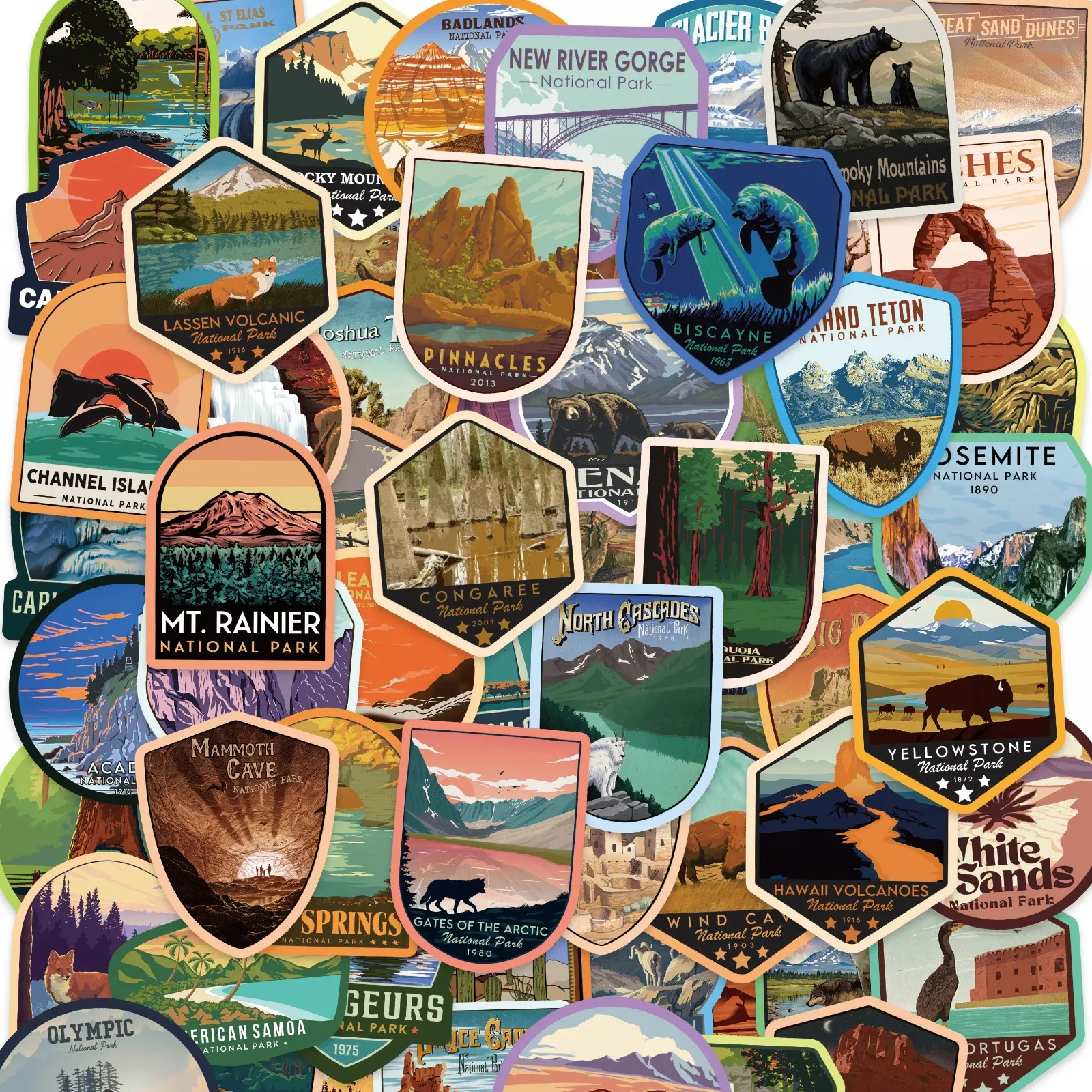 BMTWE 63 PCS USA National Parks Sticker Series Outdoor Nature Adventure Hiking Inspiration Waterproof Stickers for Travel Journals Desks Water Bottles Laptops Refrigerators
