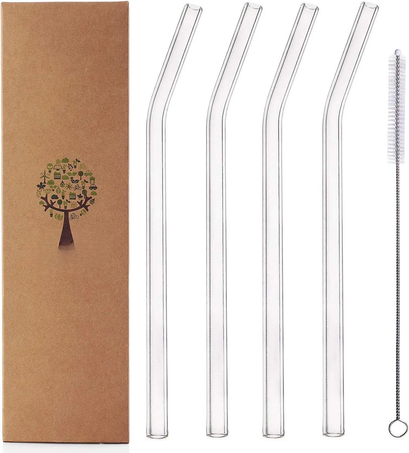 Glass Smoothie Straws,  Clear Bent 9 in X 10 mm Drinking Straws, Set of 4 with Cleaning Brush