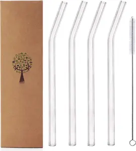 Glass Smoothie Straws,  Clear Bent 9 in X 10 mm Drinking Straws, Set of 4 with Cleaning Brush