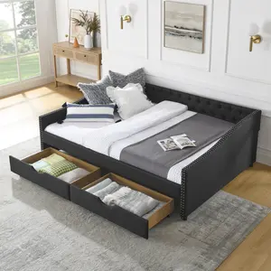 Queen Size Daybed Frame with Storage Drawers Upholstered Tufted Sofa Bed, with Button on Back and Copper Nail on Waved Shape Arms(84.5"x63.5"x26.5"),No Box Spring Needed