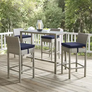 Modway Conduit Bar Stool Outdoor Patio Wicker Rattan Set of 4 in Light Gray Navy