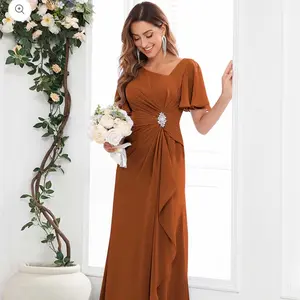 Amelia Beauty Store - Elegant Rust Long Dress with Ruffle Sleeves and Brooch Detail
