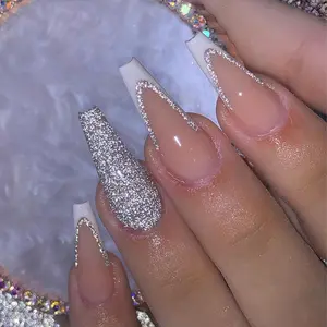 Long Coffin Press on Nails White Sliver Glue on Nails for Women French Tip Fake Nails with Bling Glitter Designs Fantasy Artificial Stick on Nails Gel Manicure Acrylic False Nails for Wedding