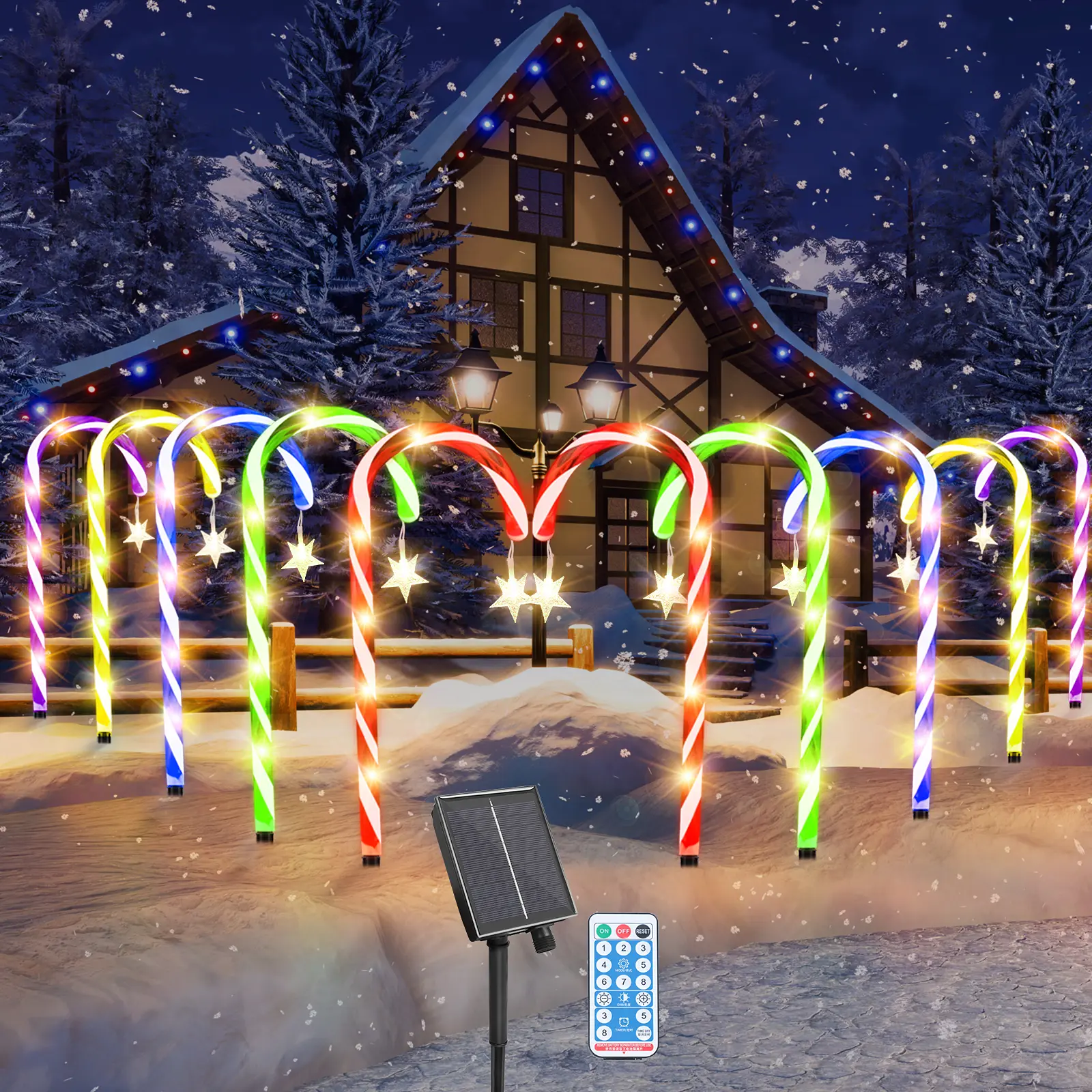 10 Pack Solar Multicolor Candy Cane Pathway Lights, Remote Control 8 Lighting Modes, IP44 Waterproof, Dual-Use Holiday Decor for Yard Ground & Indoor Hanging