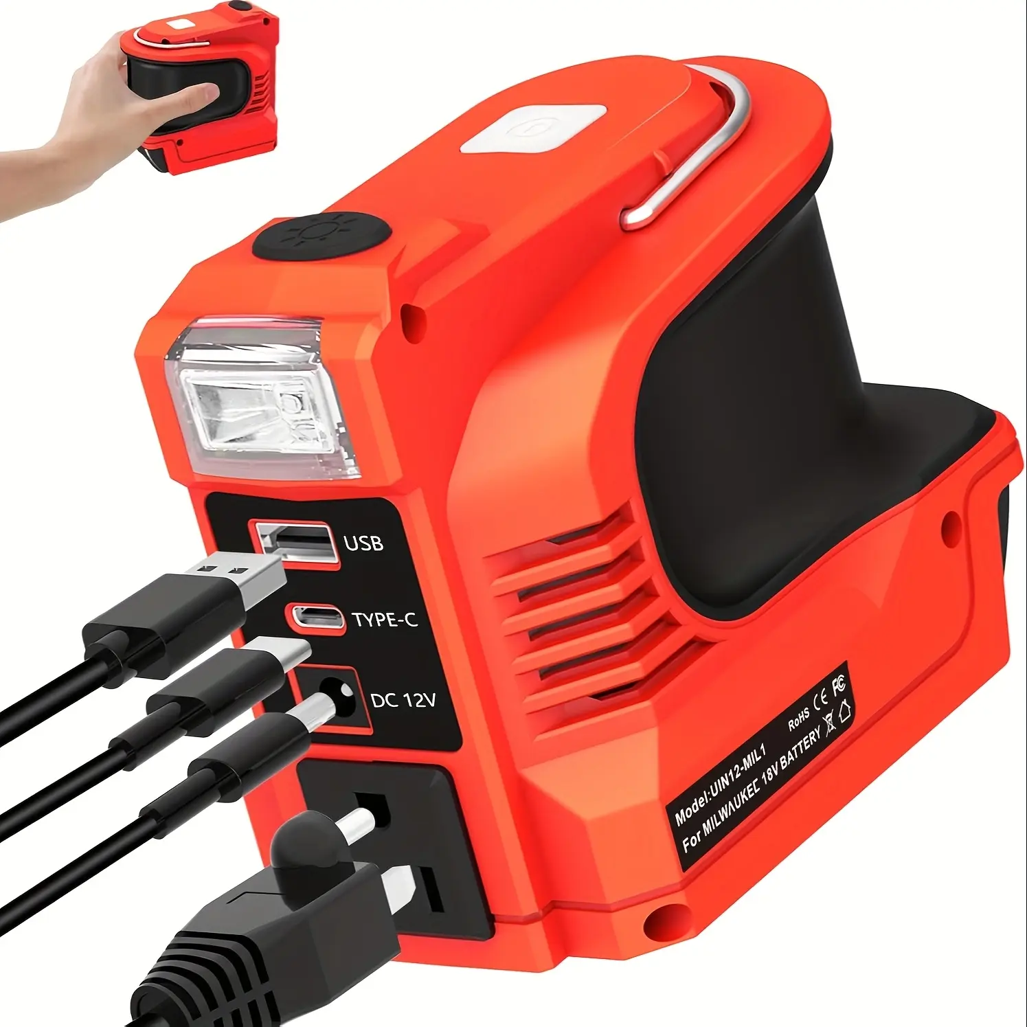 TPDL 220W Portable Power Inverter for Milwaukee M18 18V Lithium Ion Battery – 18V DC to 110V~120V Power Supply with 220W AC Outlet, Multi-Port (USB-B, USB-C, 12V DC Output), LED Light, Outdoor Ready for Road Trips & RV Travel, Tailgating