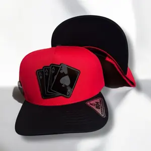 Poker Black Plate Hat Snapback Cap, Red and Black Design, Featuring Black Cards and Red Mesh Brim
