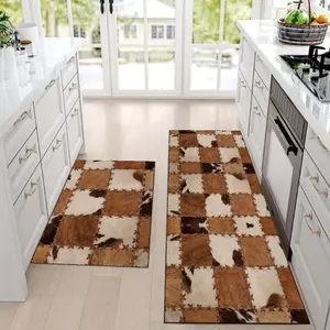 1 piece non-slip kitchen floor mat, rectangular home decoration rug, kitchen rug set, vintage brown faux fur patchwork pattern, soft and comfortable machine washable rug, perfect for kitchen, living room and bedroom use, Farmhouse Kitchen Rug