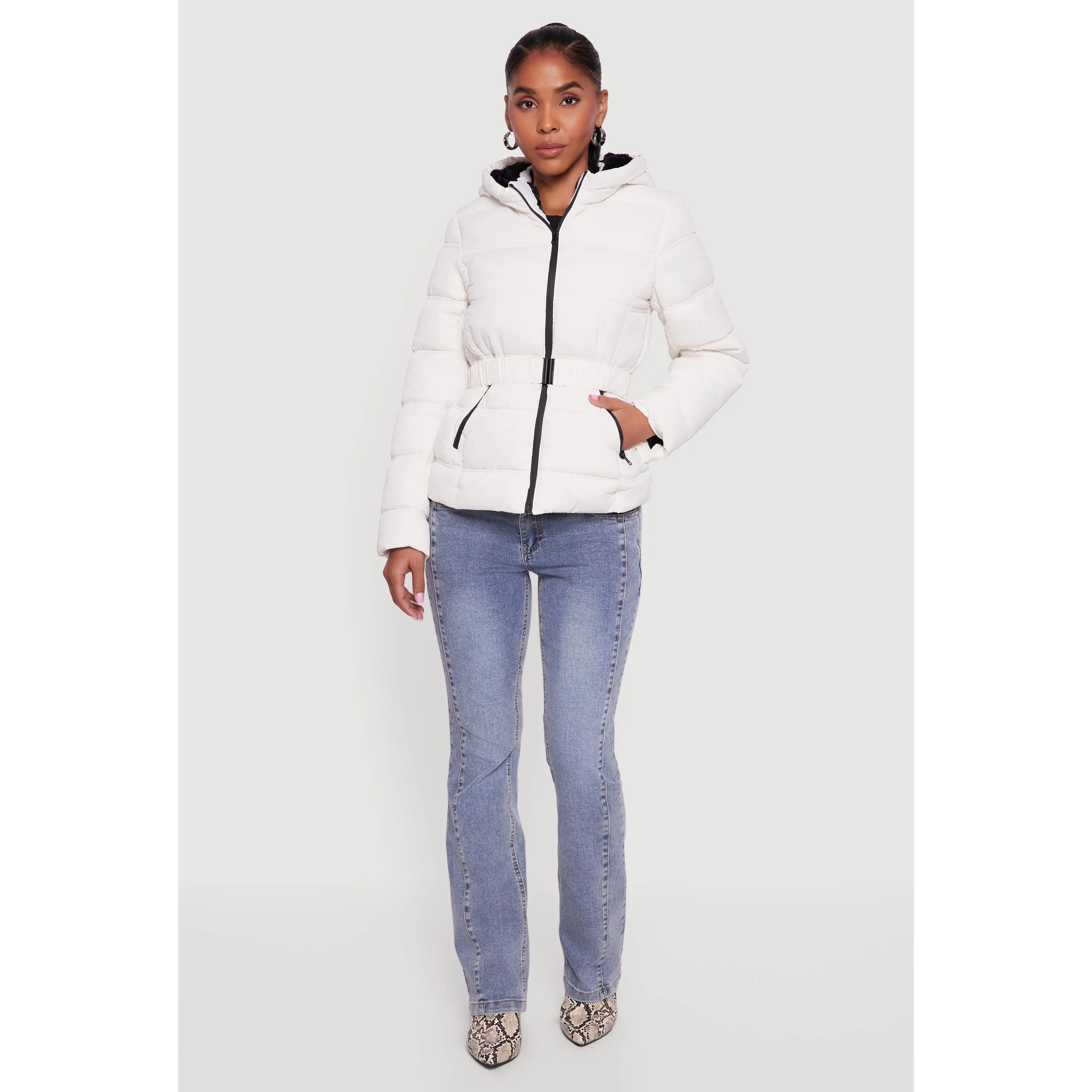 Faux Fur Lined Hooded Puffer Jacket with Belt