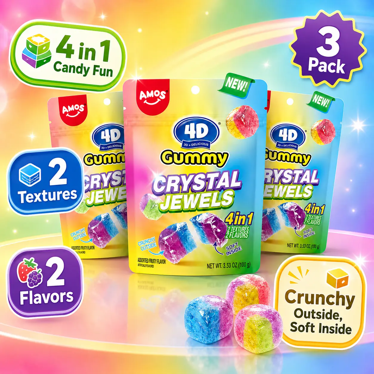 AMOS 4D Gummy Crystal Jewels Candy | 4-in-1 Fruity Crystal Gummies | Crunchy Outside, Soft Inside | 3.53 oz AMOS 4D Gummy Crystal Jewels Candy | 4-in-1 Fruity Crystal Gummies | Crunchy Outside, Soft Inside | 3.53 oz