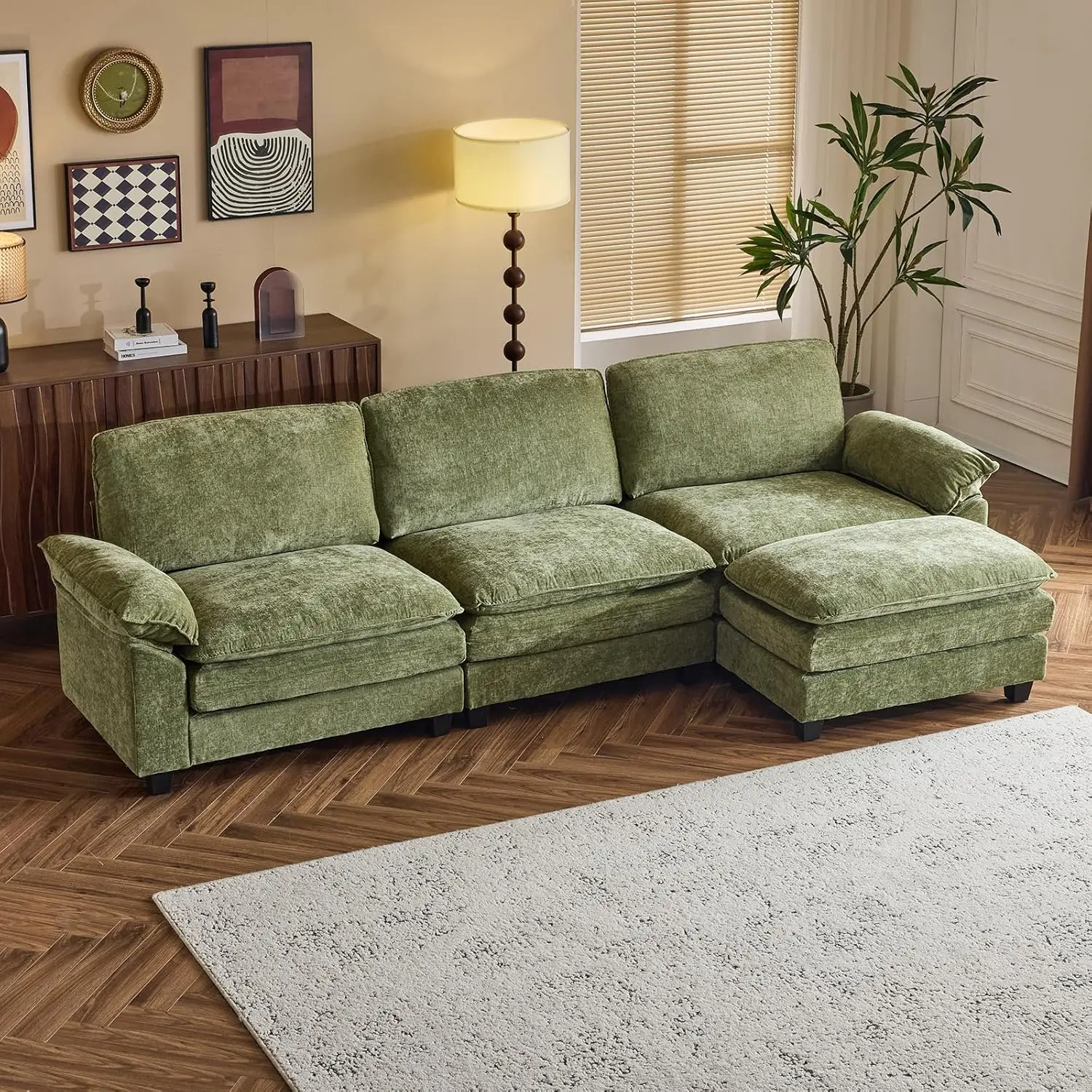VINGLI 122" Cloud Double-Layer Deep Seating L-Shape 3-Seat Sectional Sofa, Sturdy Plush Nylon Cloth Convertible Lounge Couch with Movable Ottoman for Small Spaces (2-3 Packages), Deep Seating Sofa